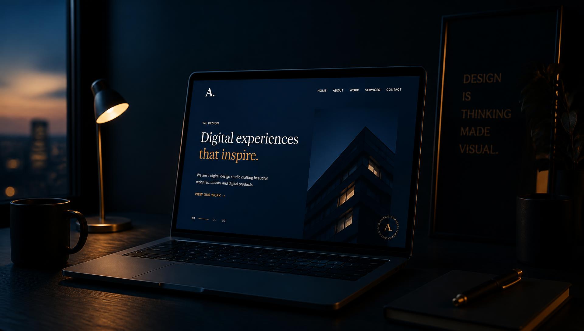 Laptop displaying a custom website design in a dimly lit studio